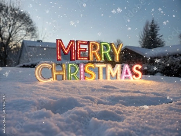 Obraz Colorful merry christmas neon sign illuminated in snowy winter landscape at dusk