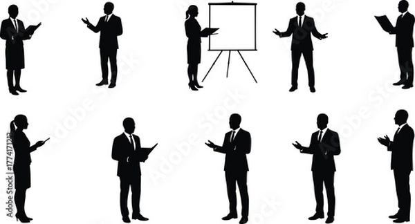 Fototapeta Black silhouettes of business professionals presenting, corporate icons, office meeting artwork, professional body language illustration, business presentation design collection set