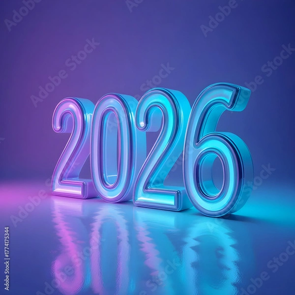 Fototapeta Futuristic glowing 3D number 2026 in neon blue and purple lighting with smooth reflections. Modern new year concept for celebration, calendar, or digital design background.