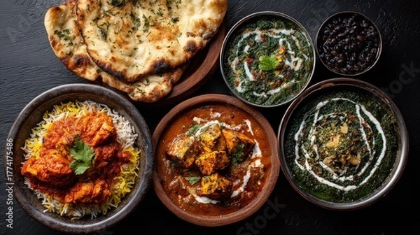 Obraz Assortment of Indian Cuisine Dishes with Naan Bread on Dark Background