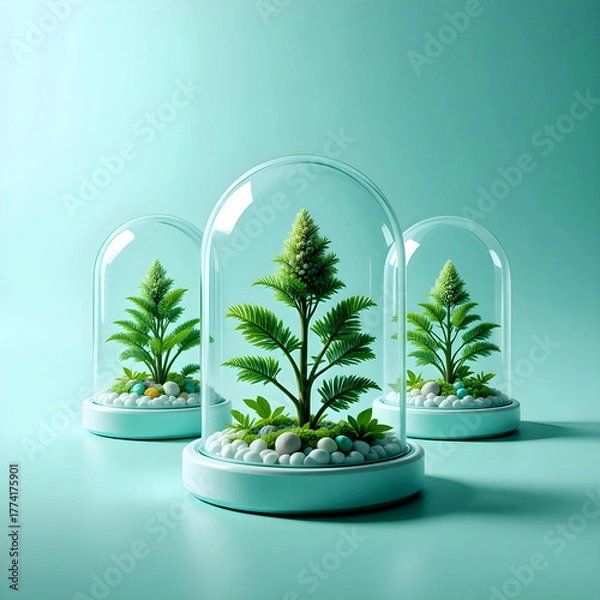 Fototapeta Three miniature green plants growing inside glass domes on a turquoise background. Concept of sustainable growth, environmental protection, biotechnology, and eco-friendly innovation in modern design.