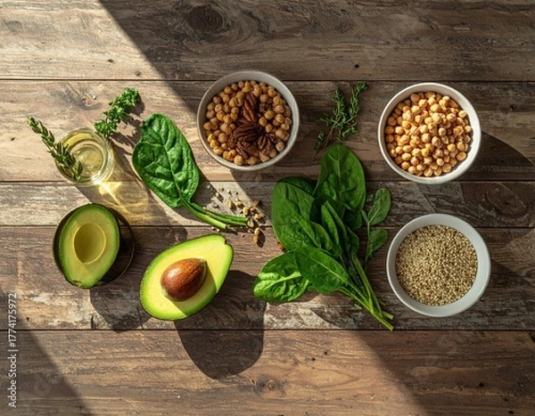 Obraz Rustic Wooden Tabletop Displaying Fresh Avocado, Spinach, Chickpeas, Quinoa, and Herbs in Natural Light