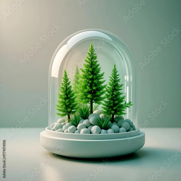 Fototapeta Miniature pine trees in a glass dome terrarium with white pebbles, symbolizing nature preservation and eco design. Modern minimalistic concept of sustainability and green living in 3D render style.
