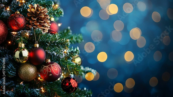 Fototapeta Close-up of a decorated Christmas tree with red and gold ornaments, twinkling lights, and a bokeh background.
