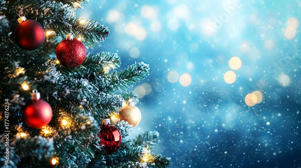 Obraz Close-up of a decorated Christmas tree with red and gold ornaments, twinkling lights, and a bokeh background.
