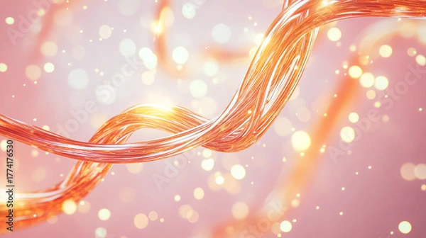 Fototapeta Glowing abstract wave with sparkling particles on a soft pink background