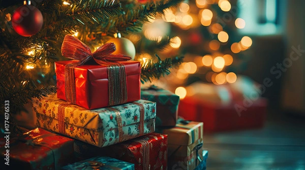 Obraz Stacked Christmas gifts under a decorated tree with warm lights and ornaments
