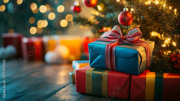 Fototapeta Stacked Christmas gifts under a decorated tree with warm lights and ornaments

