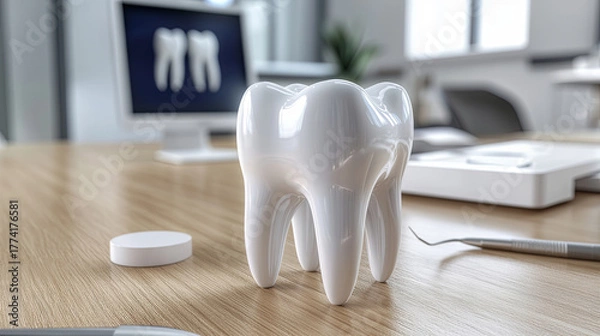Fototapeta White tooth model on a desk in a dental office setting
