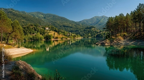 Fototapeta Emerald Lake Reflecting Lush Green Forest and Mountains Under Clear Blue Sky In Nainital India Idyllic Landscape Serene Waters Reflecting Greenery Peaceful Scenery