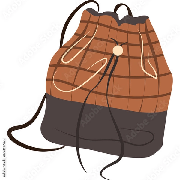 Obraz Brown Plaid Drawstring Backpack With Black Bottom and Cream Accents isolated on transparent background