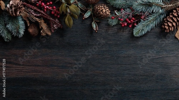 Obraz Festive Winter Arrangement on Dark Rustic Wood Background with Pine Cones and Berries