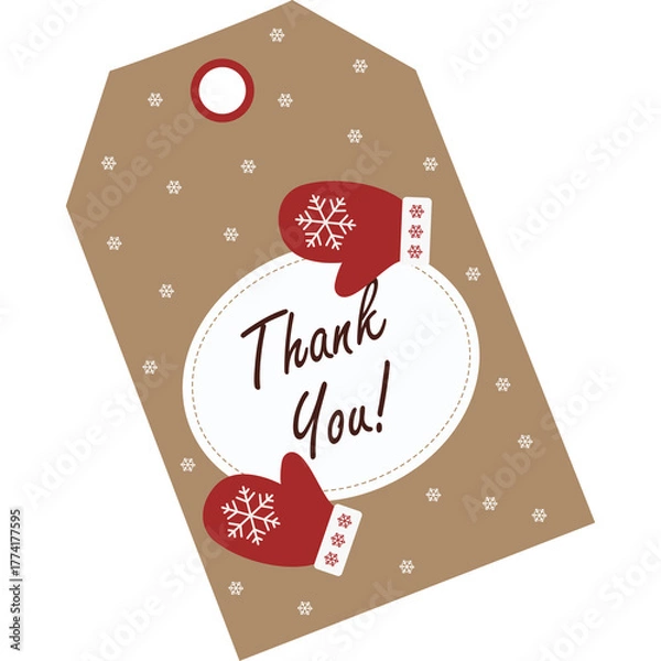 Obraz Brown Kraft Paper Christmas Thank You Gift Tag With Red Mittens And Snowflakes Design