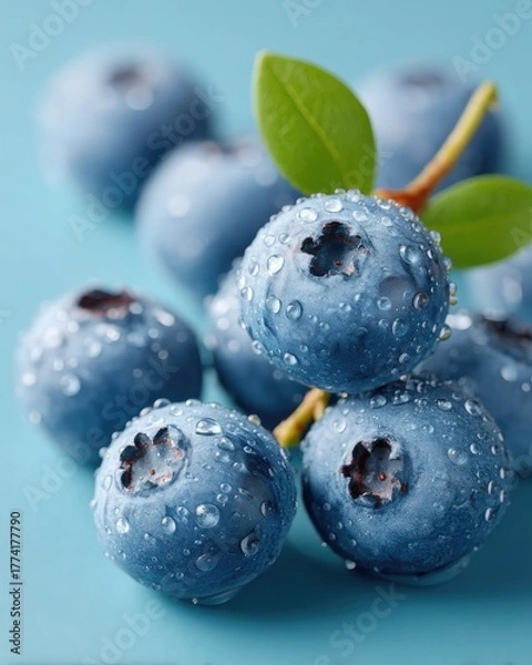 Fototapeta Macro Close-up of Fresh Blueberries Covered in Water Droplets with Green Leaves Against a Vibrant Blue Background Illuminated by Soft Studio Lighting