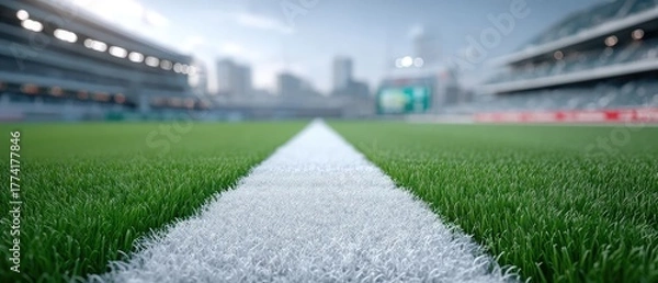 Fototapeta Macro Close Up of Lush Green Baseball Field Stadium Grass with White Boundary Line and City Skyline Background Under Soft Lighting