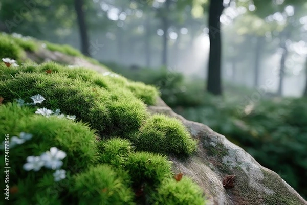 Fototapeta Macro Close Up Of Lush Green Moss And White Wildflowers On A Rocky Forest Floor With Sun Rays Filtering Through Trees In Morning Mist