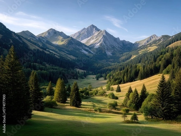 Fototapeta Majestic Mountain Peaks Under a Clear Blue Sky with Lush Green Forests and Rolling Hills Bathed in Golden Sunlight