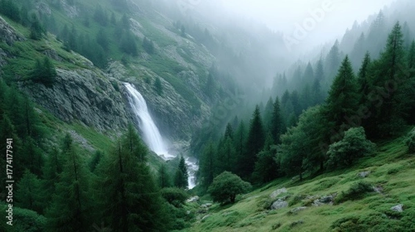 Fototapeta Majestic Waterfall Cascades Down a Lush Green Mountain Valley Surrounded by Dense Pine Trees and Misty Atmosphere