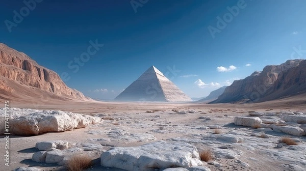 Fototapeta Massive Stone Pyramid Rises From A Rocky Desert Landscape Under A Clear Blue Sky With Distant Mountains And Harsh Sunlight