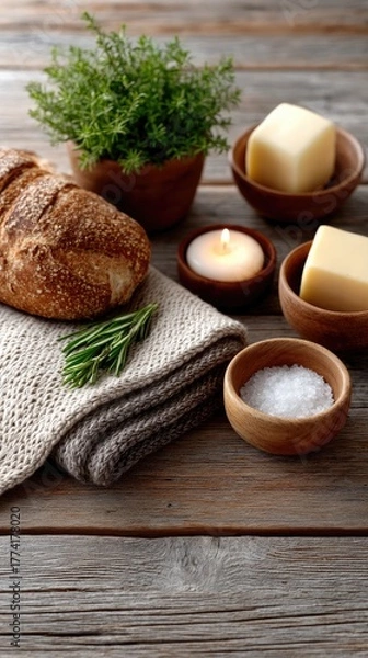 Fototapeta Overhead view of rustic wooden table displaying freshly baked artisan bread with butter and sea salt beside a lit candle and potted herb