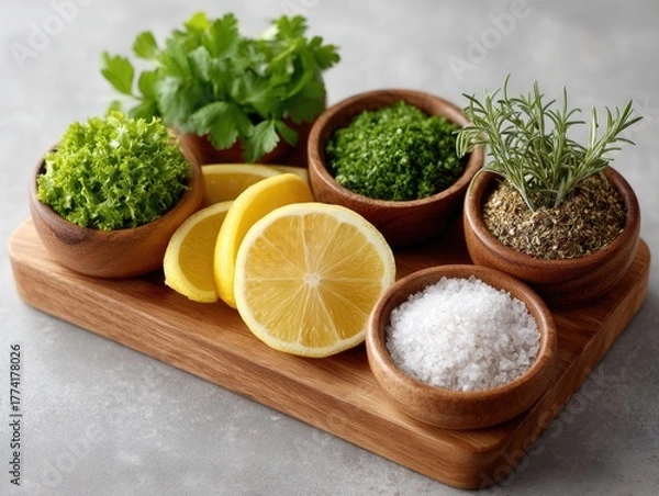Fototapeta Overhead View of Fresh Green Herbs and Sliced Lemons Arranged in Wooden Bowls on a Textured Gray Surface with Natural Lighting
