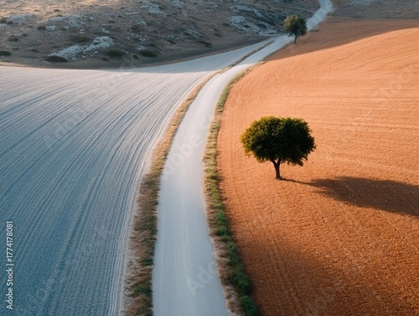 Fototapeta Overhead View Of Winding Road Through Cultivated Farmland With Blue Water And Golden Fields Separated By A Tree