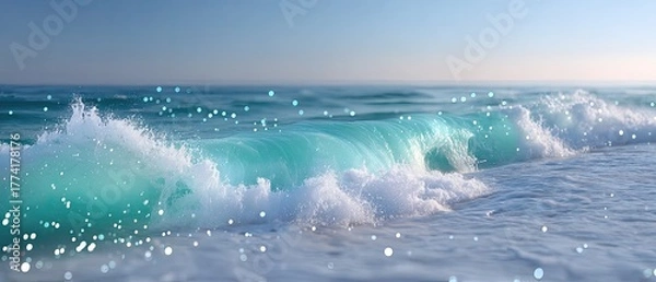 Fototapeta Powerful Ocean Wave Breaking Cinematic HDR Blue Teal Turquoise Water with White Foam and Sparkling Light Reflections Under Clear Sky