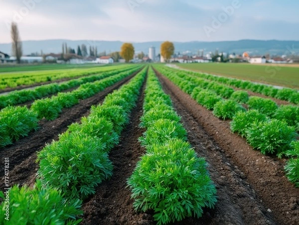 Fototapeta Rows Of Young Green Crops Growing In A Field With Distant Buildings Under A Clear Blue Sky