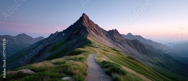 Fototapeta Rugged Volcanic Mountain Ridge with Green Grass and Wildflowers Under a Soft Sunset Sky