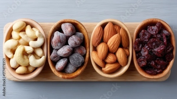 Fototapeta Rustic Flat Lay Of Four Bowls Filled With Assorted Nuts And Dried Fruits On A Wooden Board With A Soft Grey Background