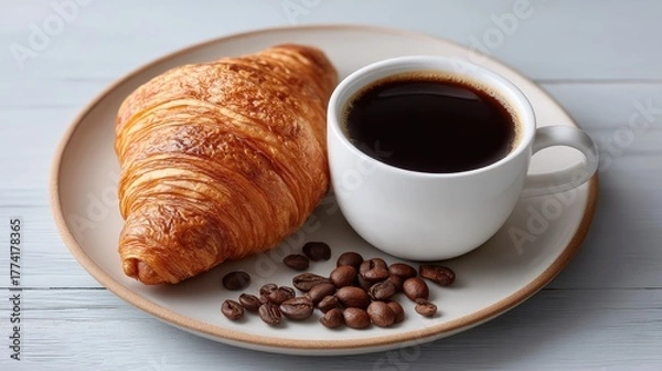 Fototapeta Rustic Flat Lay of Golden Brown Croissant and Black Coffee in White Cup with Roasted Coffee Beans on Textured Plate and Wooden Table