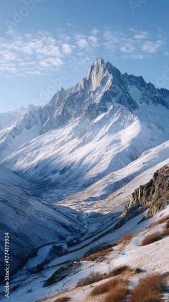 Fototapeta Majestic Snow Covered Mountain Peaks Reaching Towards a Clear Blue Sky on a Sunny Day