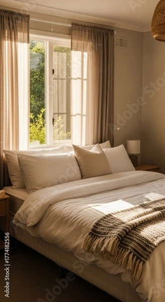 Obraz Sun-drenched tranquility: a serene bedroom scene bathed in soft morning light creates a calming