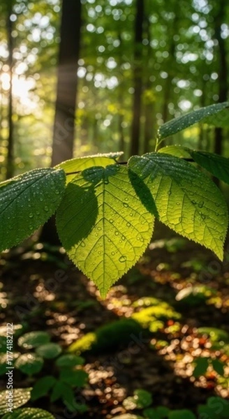 Fototapeta Sunlit forest leaves glistening with morning dew conveying freshness and tranquility