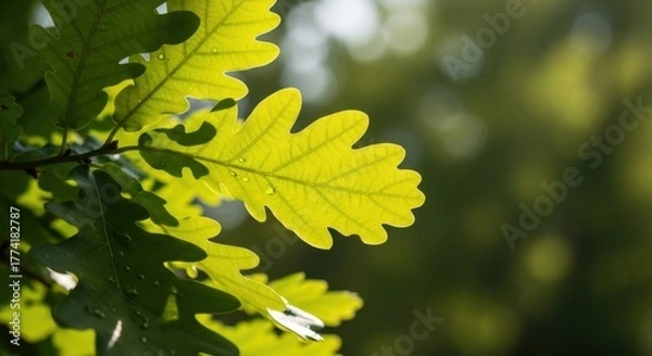 Obraz Sunlit oak leaves in a forest canopy offering a serene nature background creating a fresh and
