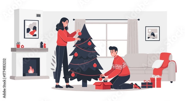 Obraz Couple Putting Ornaments on a Christmas Tree