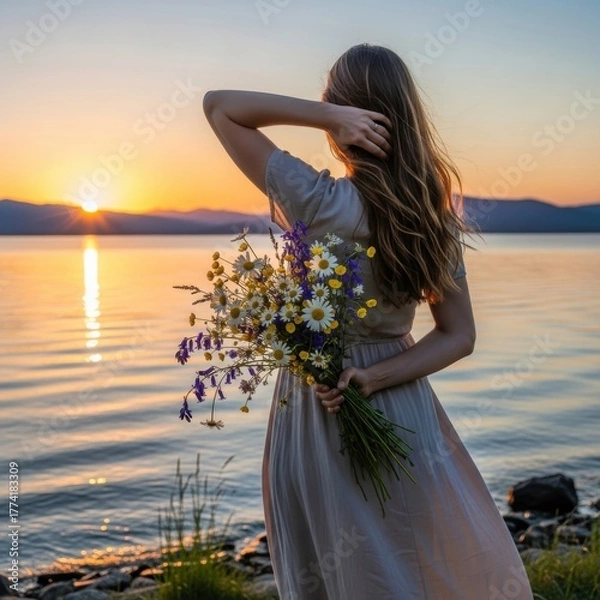 Obraz Dreamy sunset silhouette with wildflowers and serene lakeside reflection