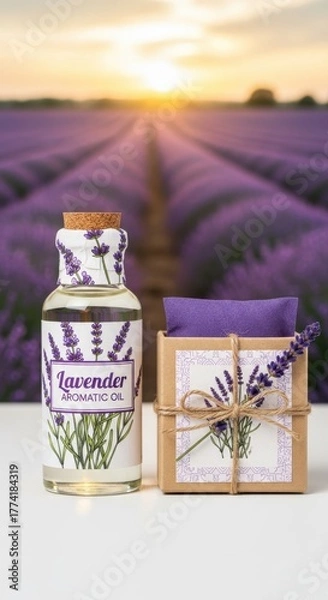 Obraz Calming lavender product set against field landscape in golden hour light
