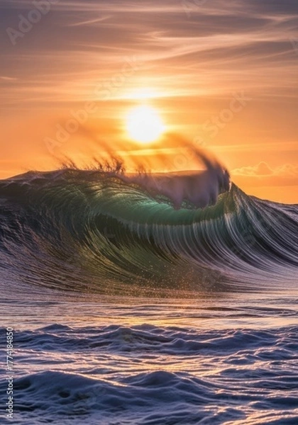 Obraz Ocean wave during golden sunset with vibrant hues in the sky