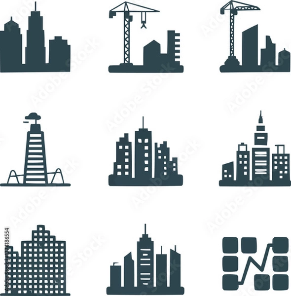 Obraz Urban Growth Solid Icon Set  Skyscrapers, Cranes, and City Development