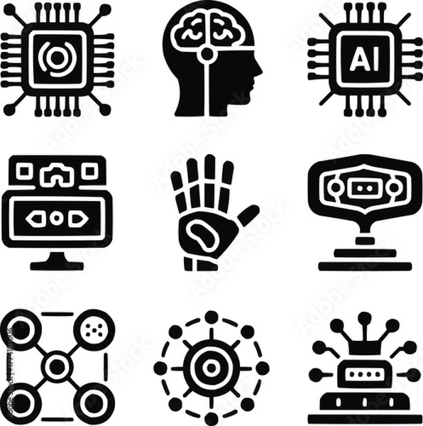 Obraz Future Technology Solid Icon Set  Quantum Chip, Neural Interface, and AI Innovations