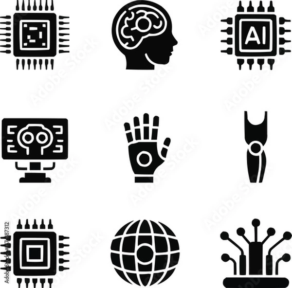 Obraz Future Technology Solid Icon Set  Quantum Chip, Neural Interface, and AI Innovations