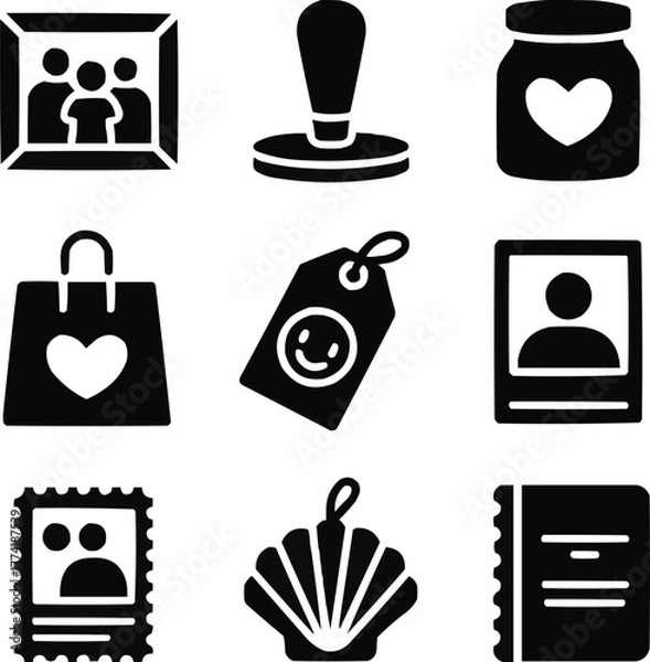 Fototapeta Cherished Moments Solid Icons  Family Photos, Travel Stamps, and Memory Keepsakes