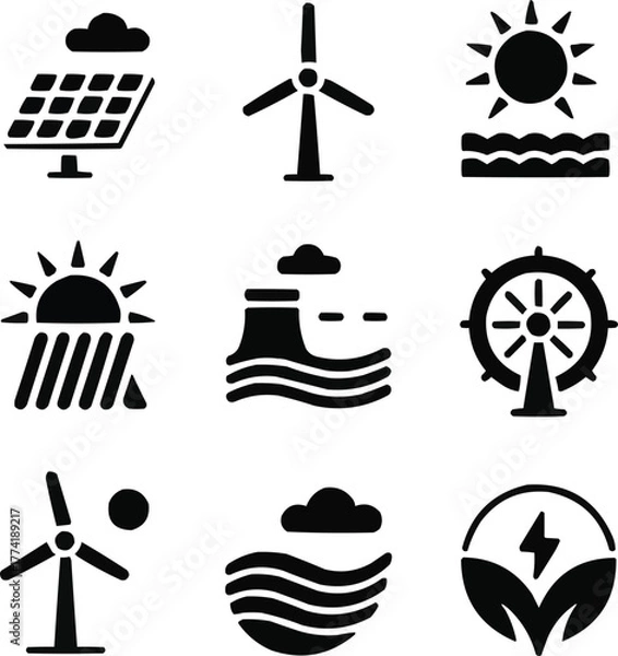 Obraz Renewable Energy Solid Icon Set  Solar, Wind, and Hydro Power