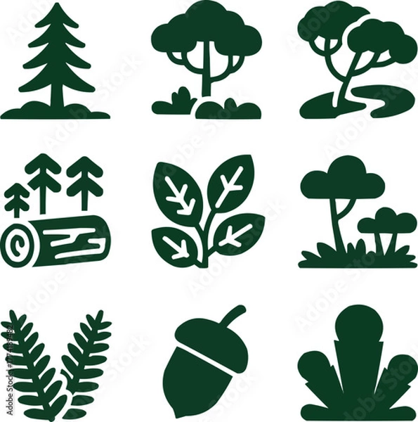 Fototapeta Forest Ecosystem Solid Icon Set Trees, Moss, and Woodland Flora