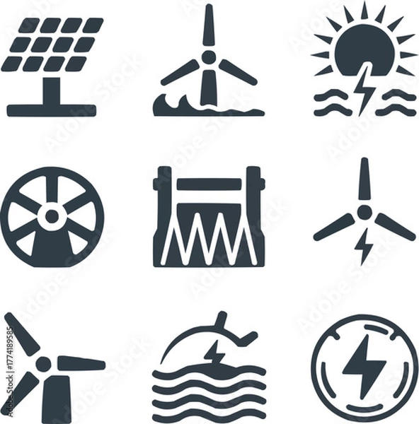 Fototapeta Renewable Energy Solid Icon Set  Solar, Wind, and Hydro Power