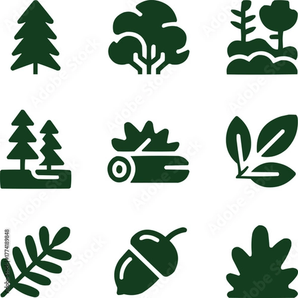 Fototapeta Forest Ecosystem Solid Icon Set Trees, Moss, and Woodland Flora