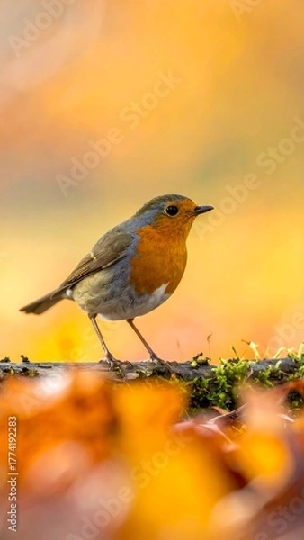 Fototapeta A robin perched on a mossy twig with vibrant autumn foliage in the background