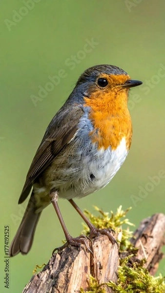 Fototapeta A robin perched on a mossy branch, showcasing its vibrant orange and grey plumage