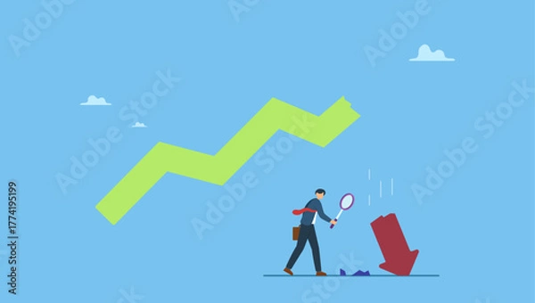 Fototapeta Businessman analyst using magnification glass to look at red crash graph arrow. Market crash analysis, learn from failure or crisis and recession data, analyze or measure investment downturn.